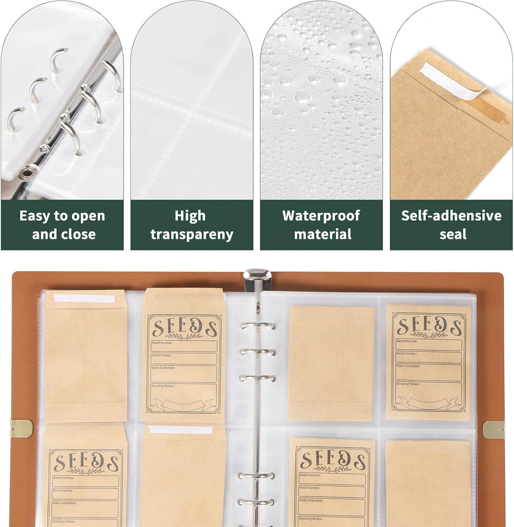 Garden Seed Storage Organizer Binder - 150 Resealable Seed Envelopes Brown Shell with 40 Sheet Protectors for Efficient