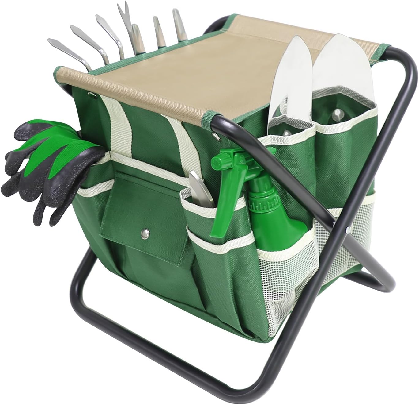 Garden Tool Set, 10 Piece Kit with Heavy Duty Folding Stool, Detachable Storage Tote Bag, Stainless Steel Tools, Gifts