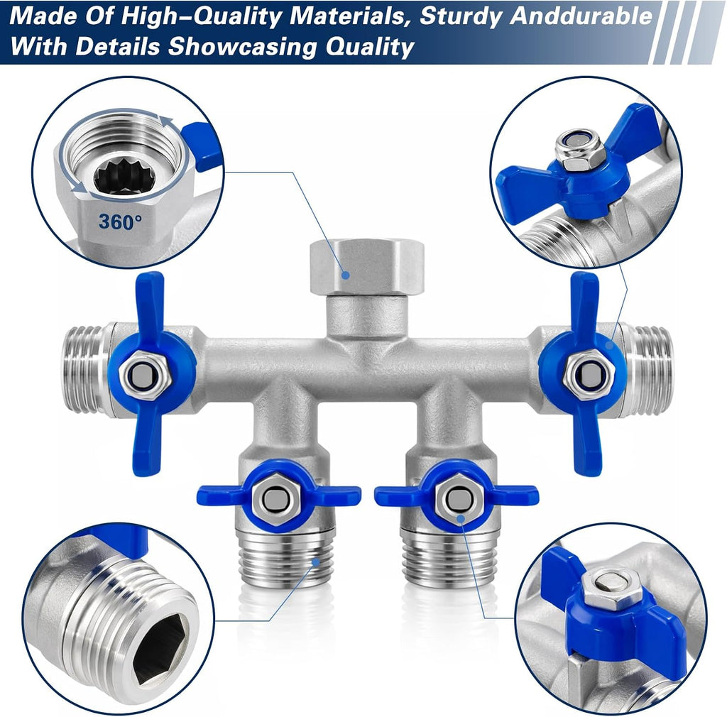 4 Way Garden Hose Splitter, 304 Stainless Steel Hose Splitter with 4 Shut-Off Valves, Heavy Duty Outdoor Faucet