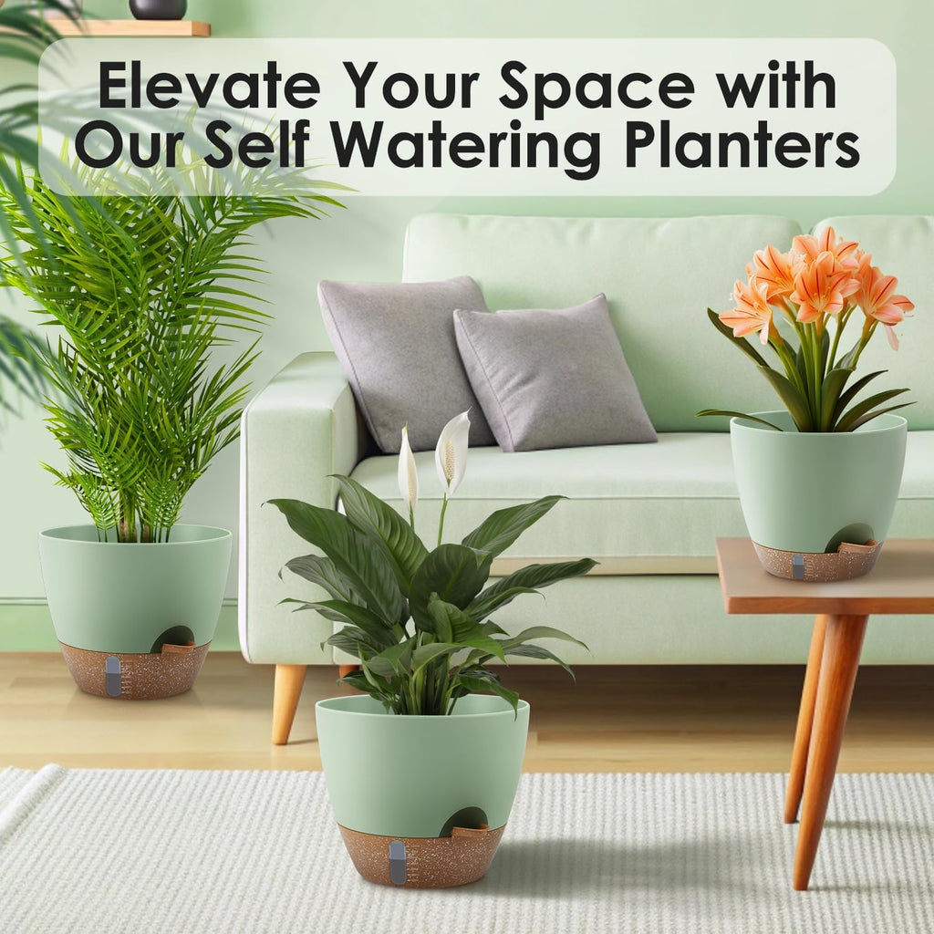 QRRICA 12/10/9 Inch Self-Watering Plant Pots with Water Level Indicator, Drainage Holes & Saucers – Large Plastic