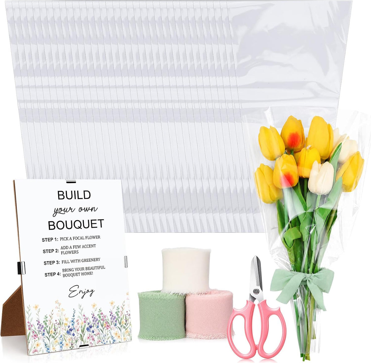 Tinlade 75 Pcs Flower Bar Kit Bouquet Wrapping Bags Sign Scissors Ribbons