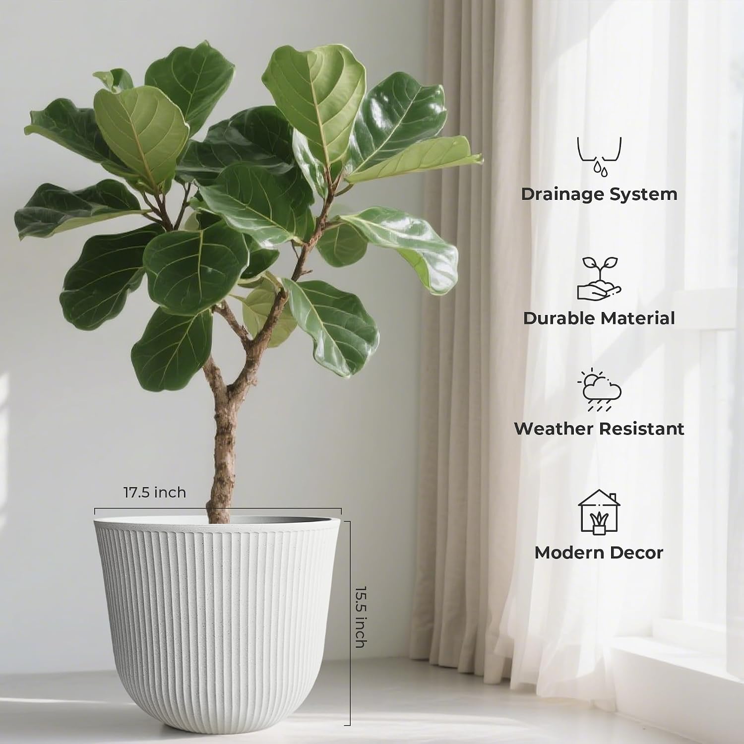 Worth Garden Round Large Planter Pot Set of 2-17.5" Dia x 15.5" H - Durable Plastic White Plant Tree Pots with Vertical