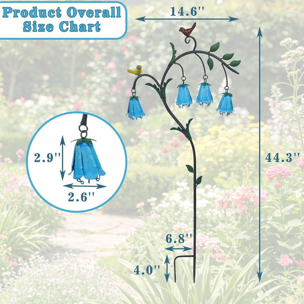 44.3"H Metal Decorative Garden Stake with Blue Bell Flowers & Birds | Metal Yard Art for Outdoor Yard Decor, Rustic