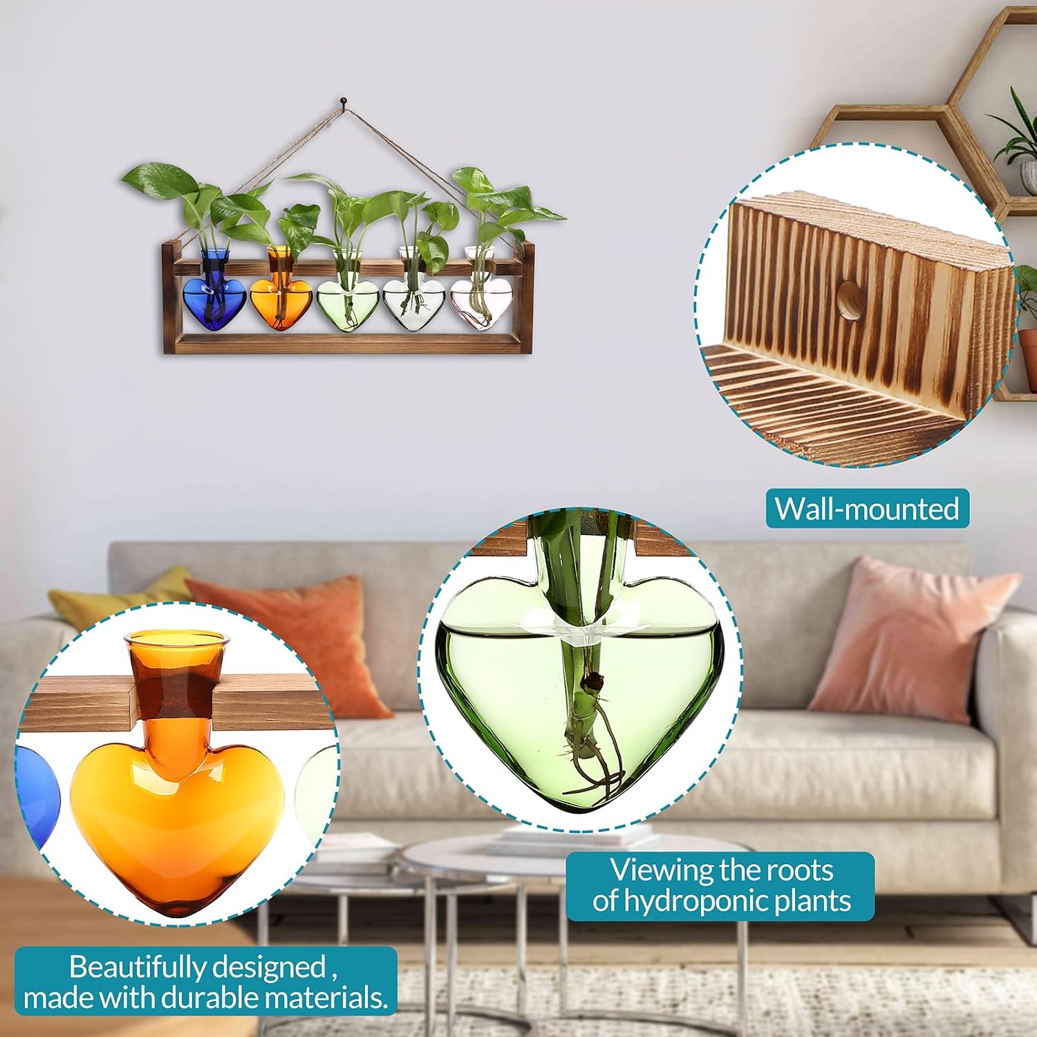 Plant Terrarium Hanging Propagation Stations Gift for Women | Air Plants Holder with Wooden Stand Heart Glass