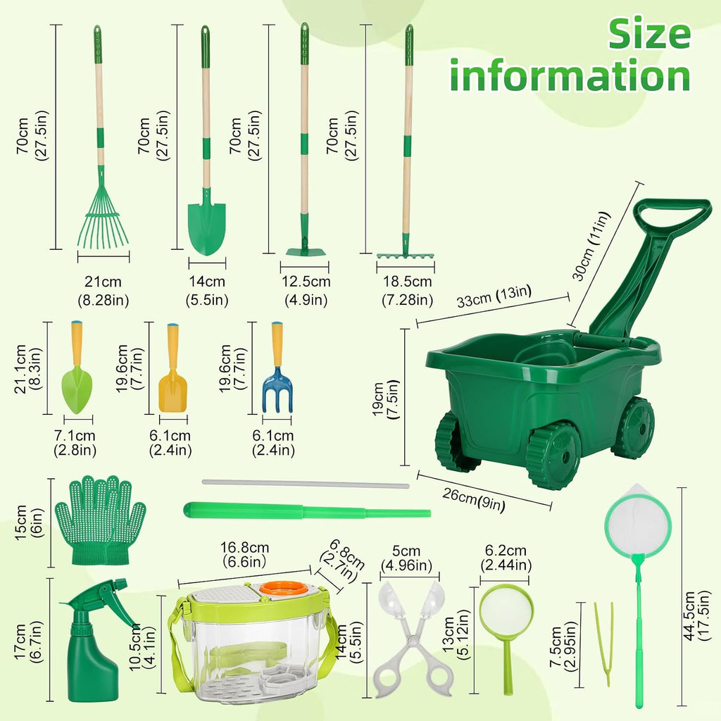 16Pcs Kids Gardening Tools,2-in-1 Kids Garening Wheelbarrow Toys | With Shovel,Rake,Hoe and Observation Box,STEM