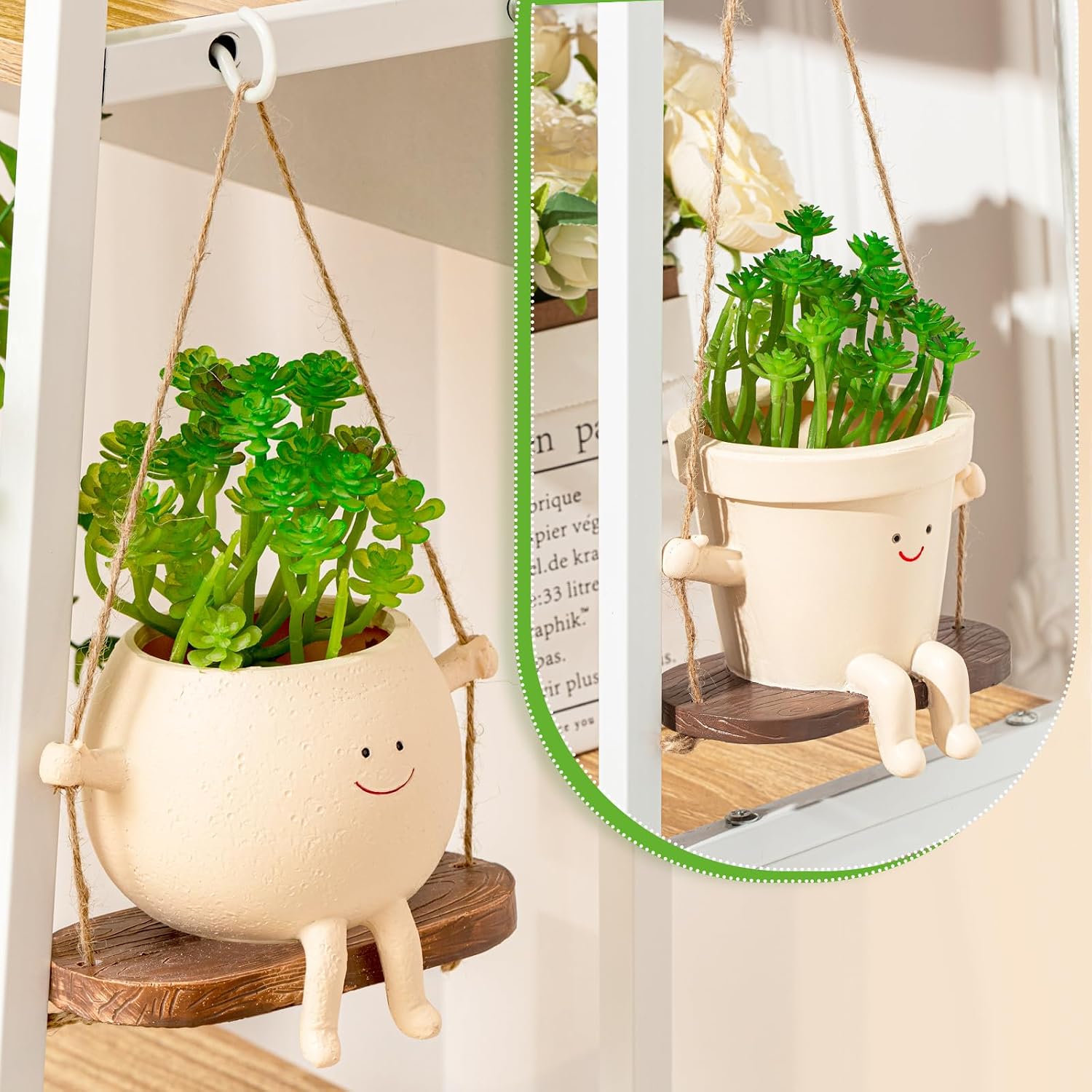 2 Pcs Swing Hanging Planter Cute Smile Flower Face Pot Indoor Outdoor Pots for Succulent String of Pearls Plants Plant