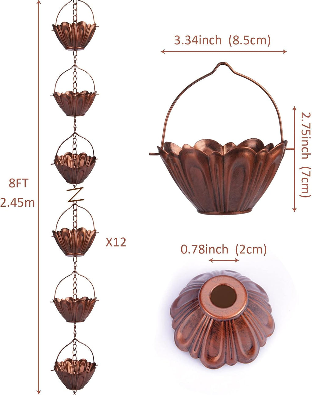 8 ft Copper Plated Rain Chain for Outside Downspouts, Adjustable Rain Catcher for Garden Gutters, Decorative Metal