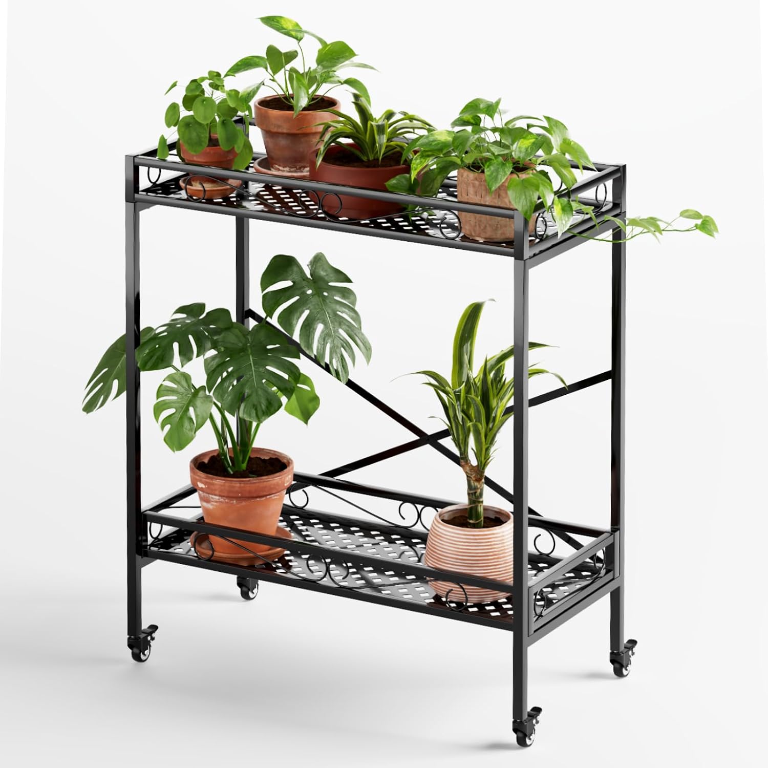 Zhongma 2 Tier Window Height Sturdy Metal Plant Stand with Wheels, 32.7x16x39.4 Inch High, Heavy Duty Succulent Shelf