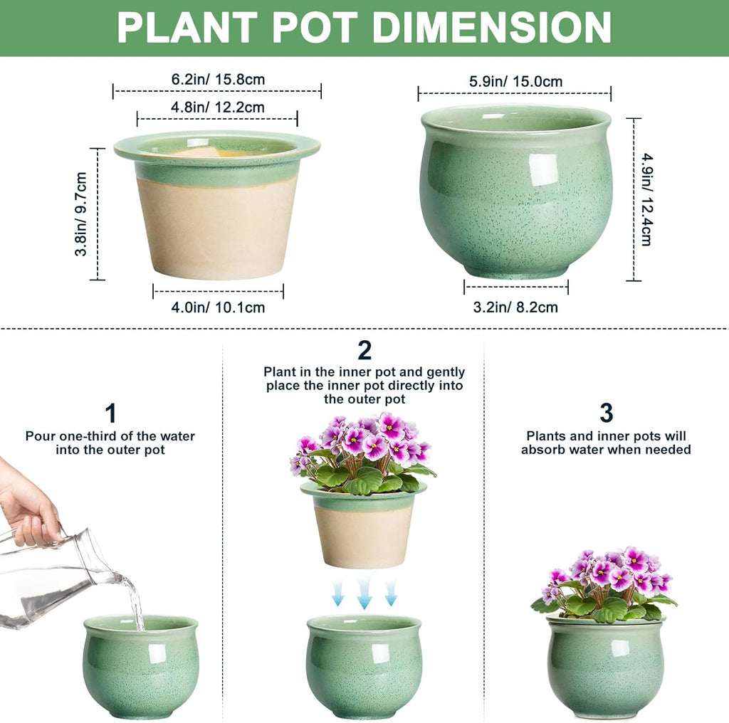 Ceramic Self Watering Pots, 6 Inch African Violet Pots with Absorbent Inner Pot, Round Self Watering Planter for Indoor