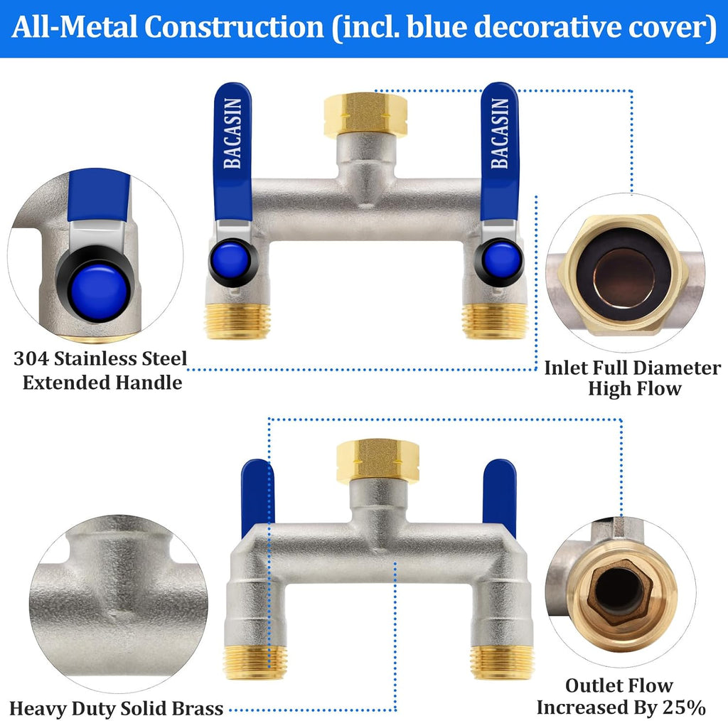Brass Garden Hose Splitter 2-Way Heavy Duty - 3/4" GHT Threads with 2×304 Stainless Steel Handles, High Flow Design for