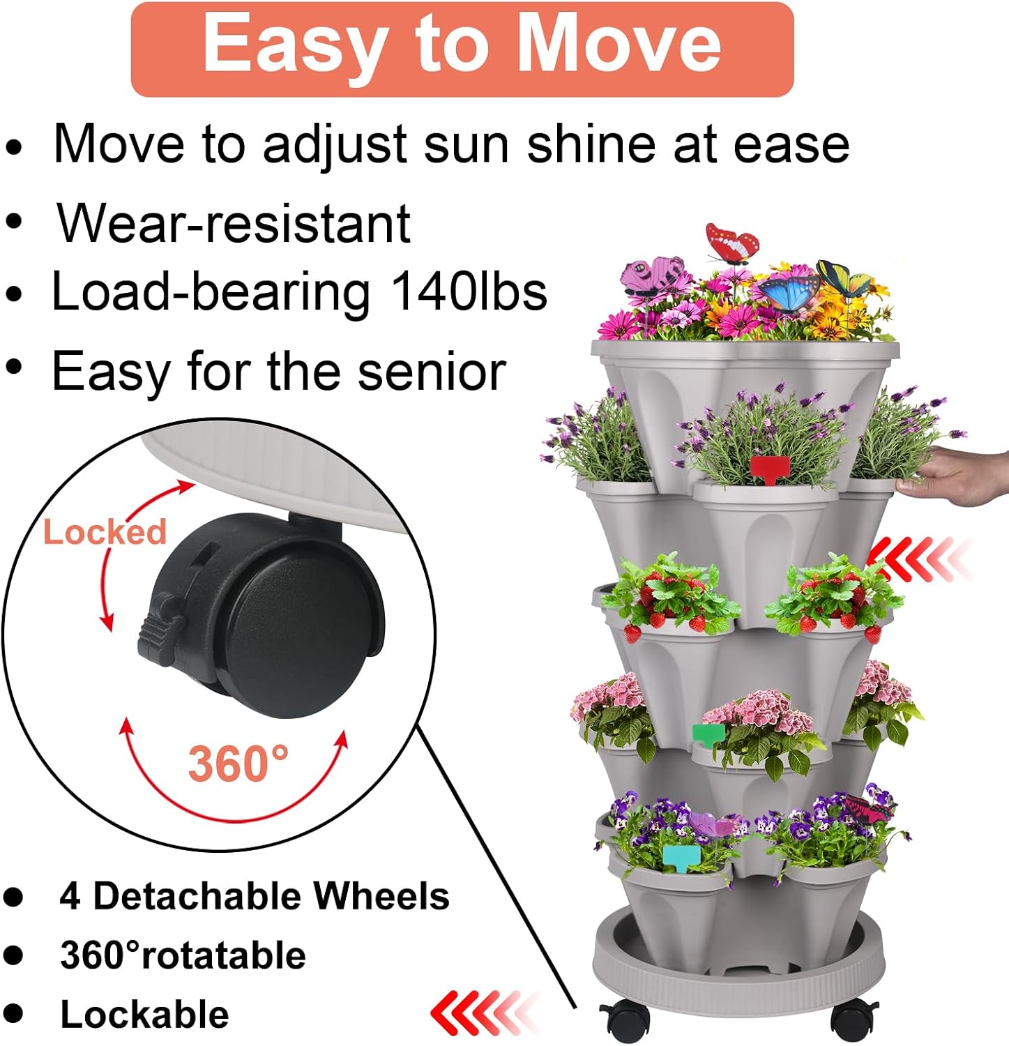 DUNCHATY Stackable Planter, Vertical Garden Planter with Wheels and Tools, Self Watering Strawberry Planter
