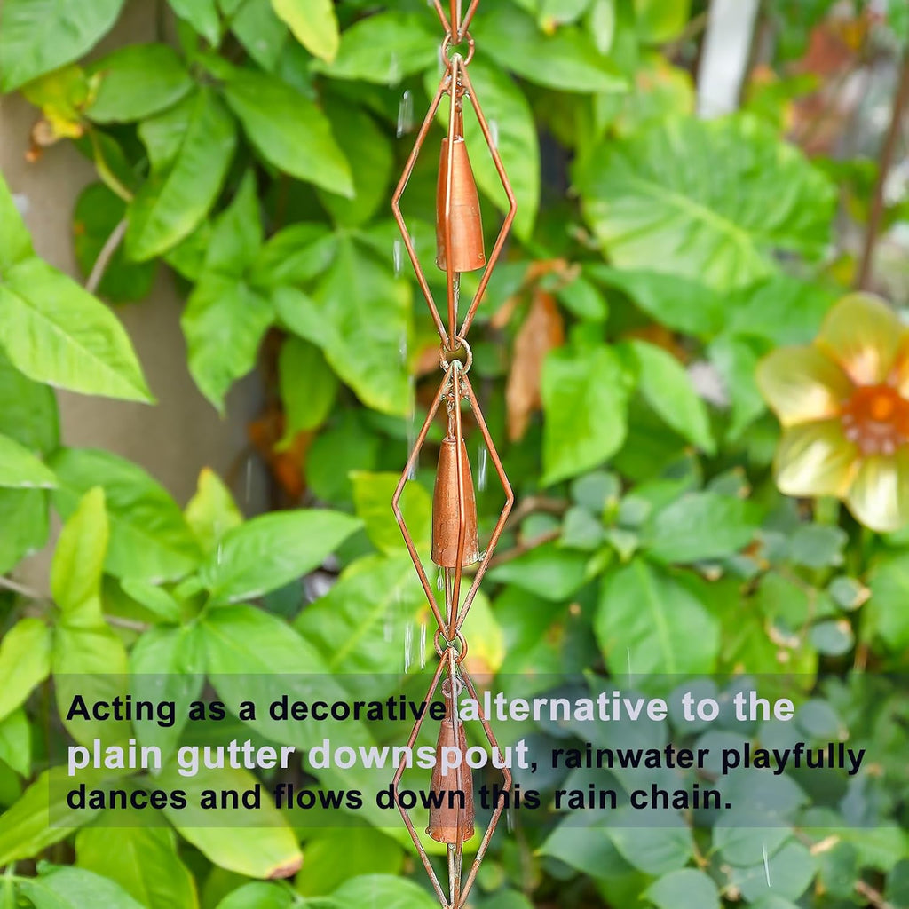 8.5 Ft Diamond & Bell Rain Chain, Patina Gutter Decorative Rain Chain | Copper Patina Finish Iron