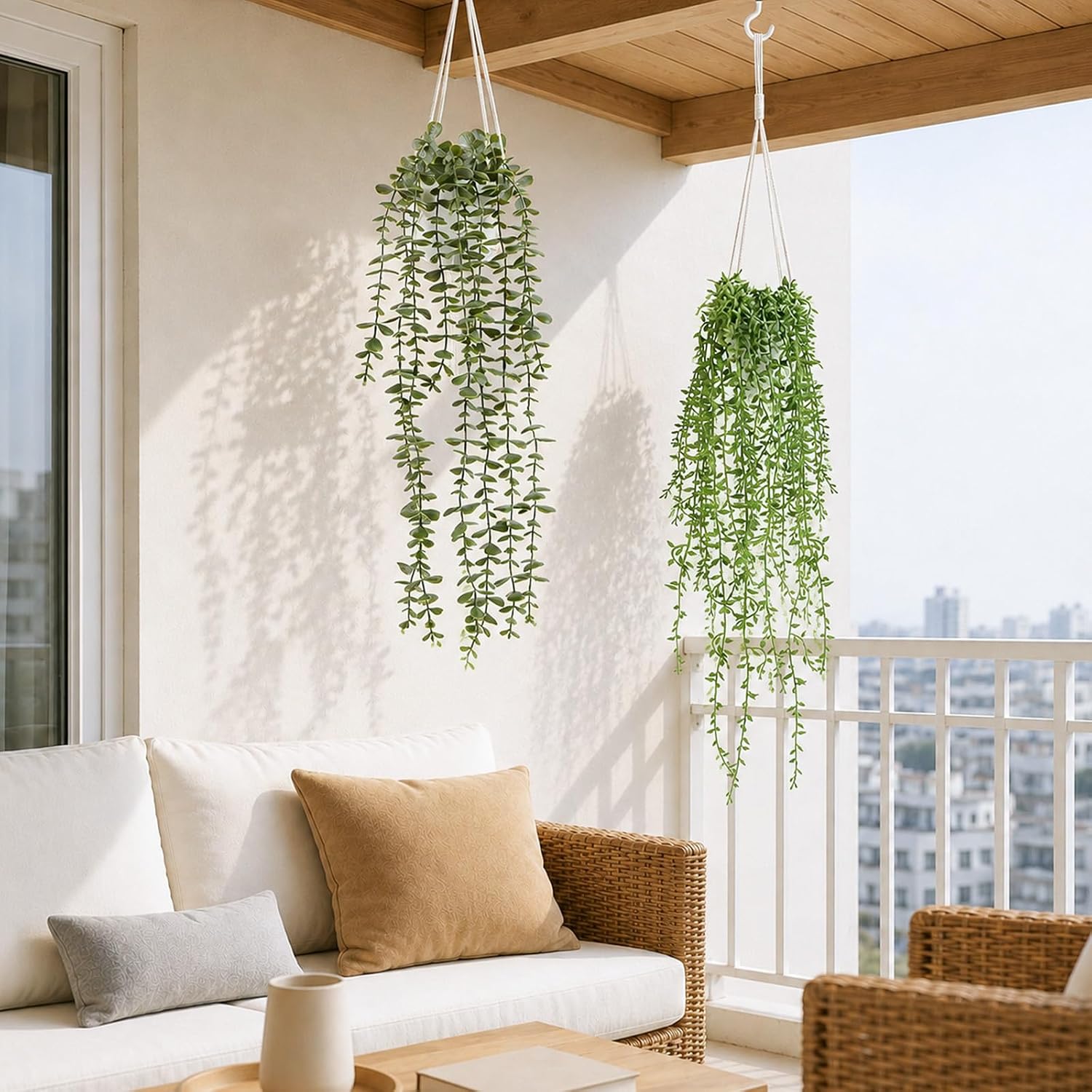 2Pcs Artificial Hanging Plants Macrame Hanger Pots Indoor Wall Home Decor | Faux Trailing Greenery, Fake Eucalyptus &