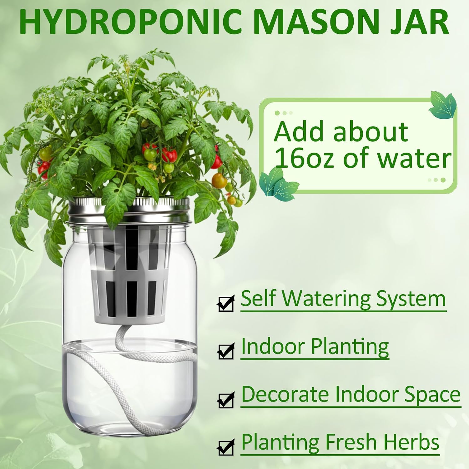 Teenyyou 12 Set Hydroponic Garden Mason Jar Kit Self Watering Herb Hydroponic Planter Starter Kit with Net Pot Garden