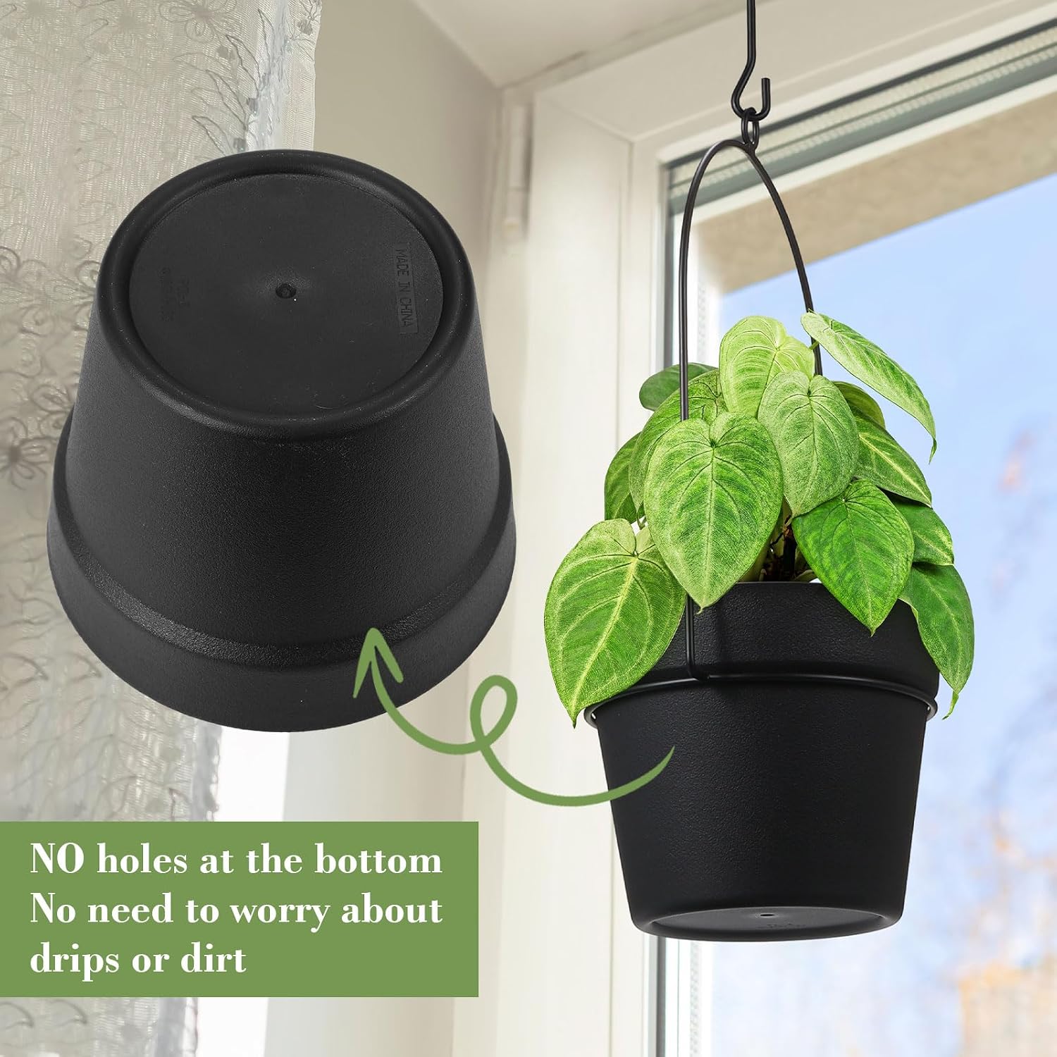 Hushee 6 Packs Metal Hanging Planters for Outdoor Indoor Plants Plant Hanger with 6.3'' Plastic Pots Hanging Planter