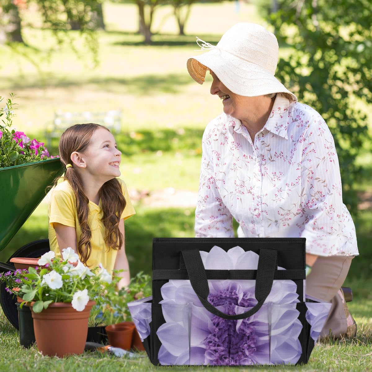 Purple Dahlia Garden Tool Bag Waterproof Gardening Tool Storage Bag with Handle & 10 Pockets Gardening Tote Bag for