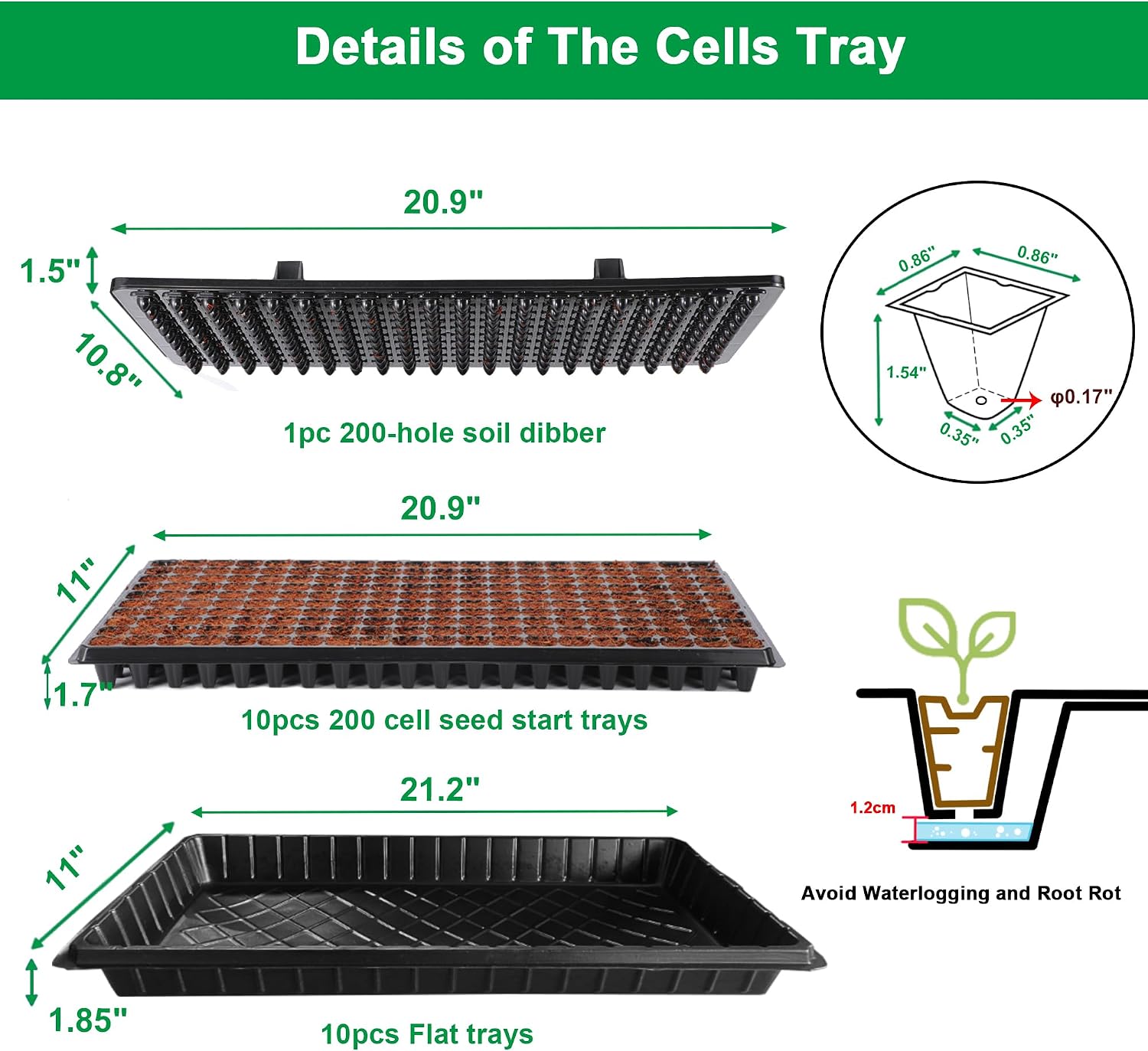 200 Cell Seed Starter Trays with Dibber – 20 Pack Reusable Seedling Trays for Germination Propagation, 200 Hole Soil