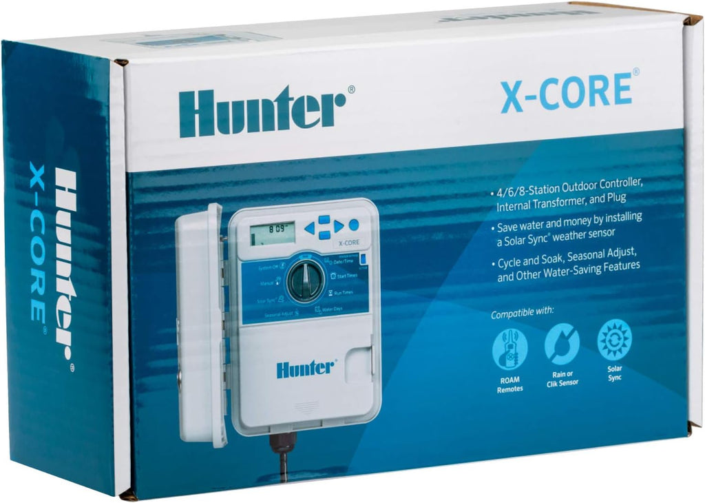 Hunter X-Core 4 Zone Sprinkler Timer, Indoor/Outdoor Sprinkler Controller | 4 station irrigation controller with