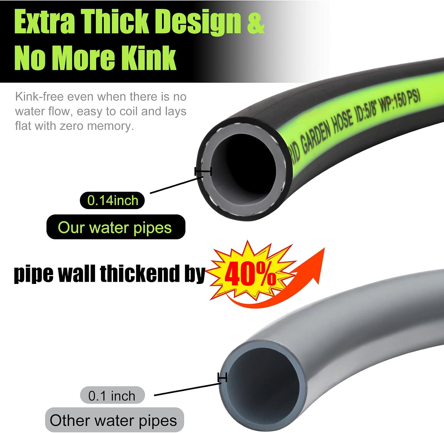 Kink Free Garden Hose 50ft 5/8"，Heavy Duty Hybrid Water Hose | Ultra Durable Flexible Rubber Hose with Sprayer