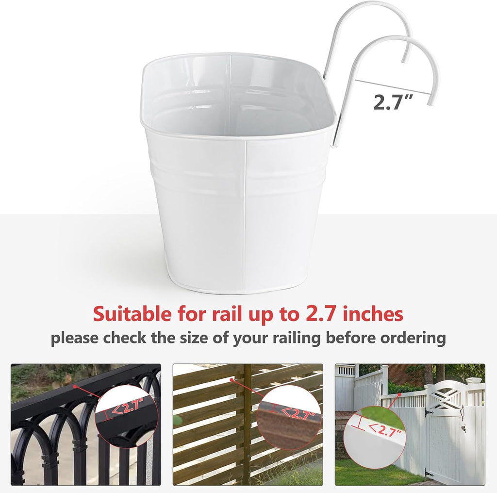 Dahey 15 Inches Railing Planter Box 4 Pcs Metal Hanging Flower Pots, White | 2.7" Width Detachable Hooks, Outdoor
