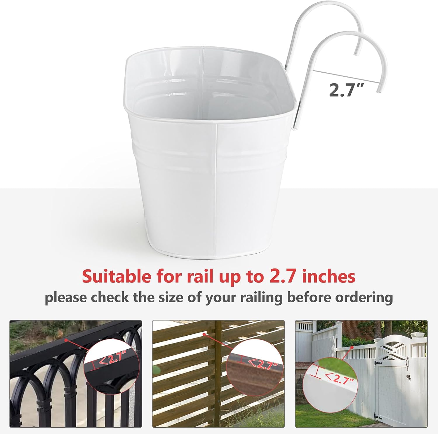 Dahey 15 Inches Railing Planter Box 4 Pcs Metal Hanging Flower Pots, White | 2.7" Width Detachable Hooks, Outdoor