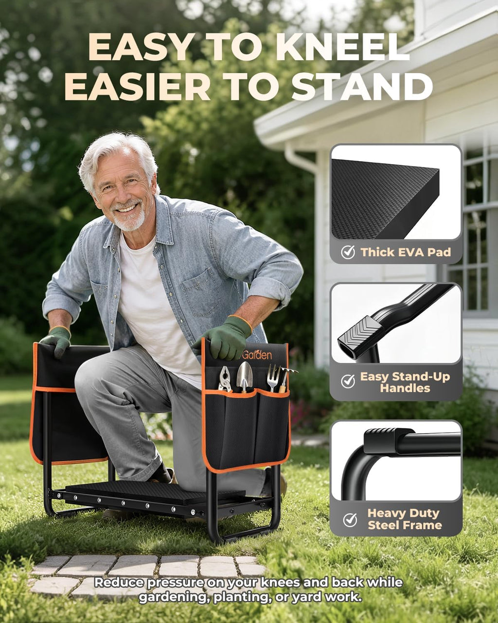 KVR Garden Kneeler and Seat with 2 Tool Pouches, Heavy Duty Foldable Gardening Stool, Portable Bench with Thick EVA