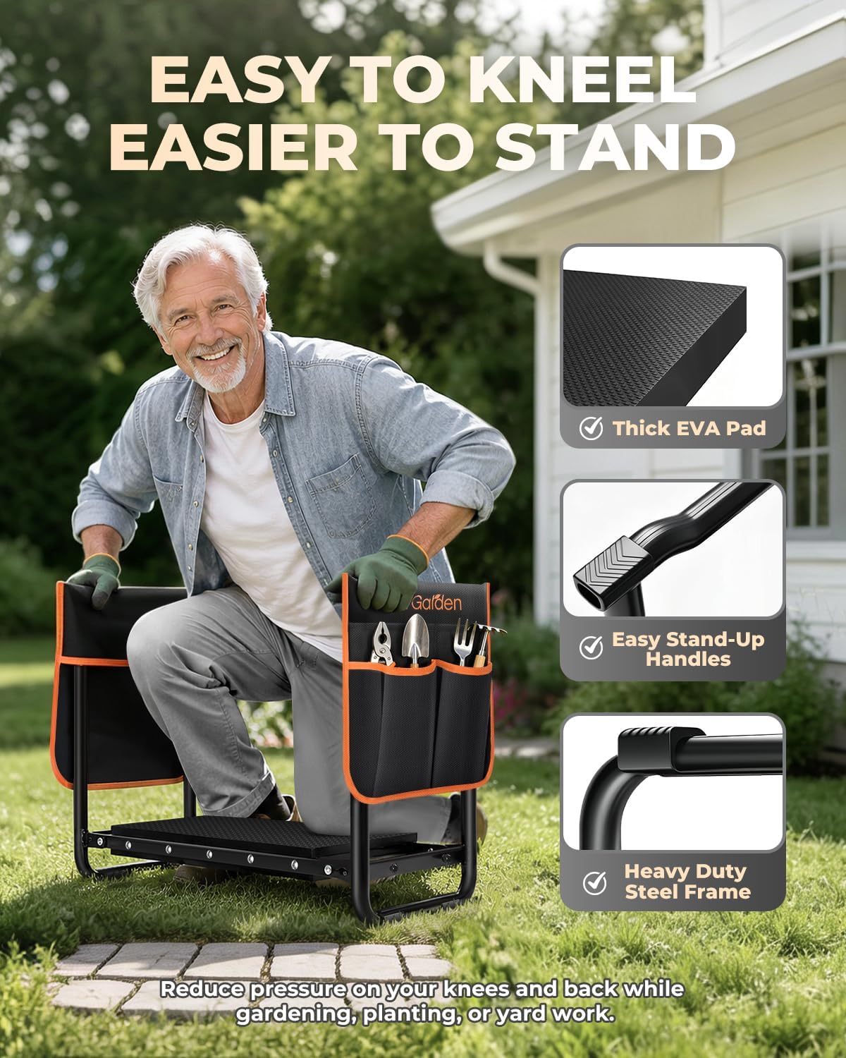 KVR Garden Kneeler and Seat with 2 Tool Pouches, Heavy Duty Foldable Gardening Stool, Portable Bench with Thick EVA