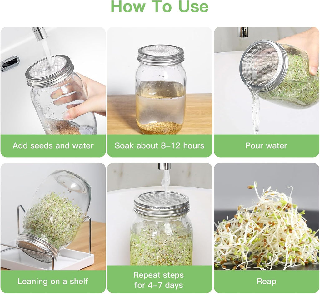 Seed Sprouting Jar Kit - 2 Wide Mouth Mason Jars with 316 Stainless Steel Sprouting Lids Covers, Drip Tray and Stand