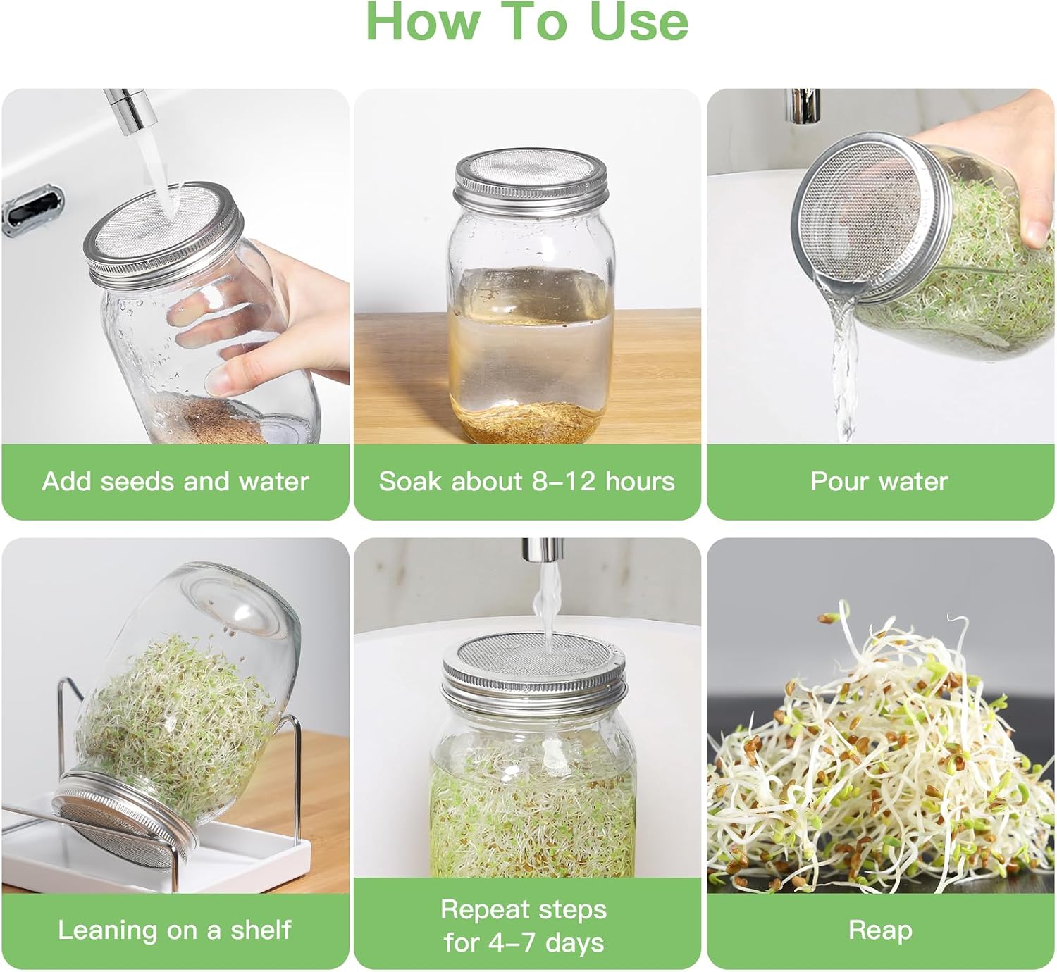 Seed Sprouting Jar Kit - 2 Wide Mouth Mason Jars with 316 Stainless Steel Sprouting Lids Covers, Drip Tray and Stand