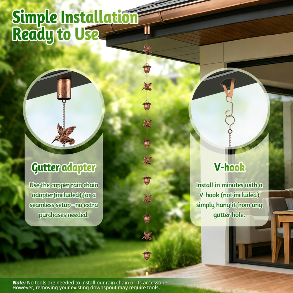 Rain Chains for Gutters Outside Copper with Adapter 8.5FT | 6 Hummingbirds and 6 Flower Cups,Rain Catcher Chain for