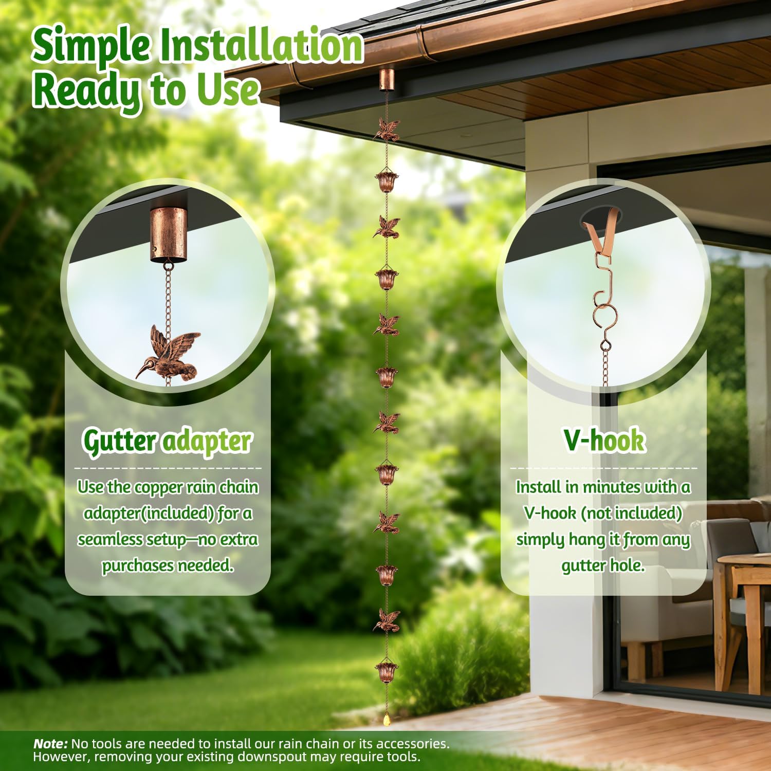 Rain Chains for Gutters Outside Copper with Adapter 8.5FT | 6 Hummingbirds and 6 Flower Cups,Rain Catcher Chain for