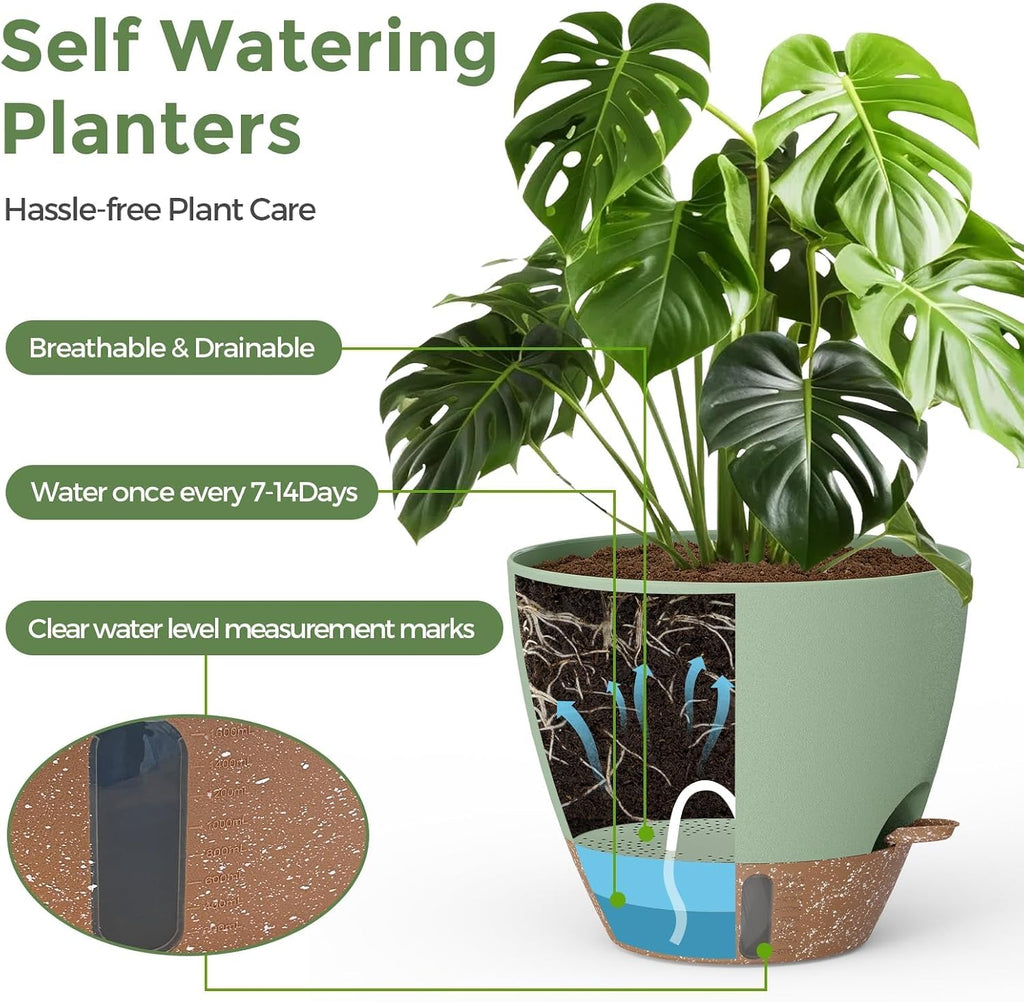 Plant Pots, 12" 10" 6" 8" Inch Self Watering Pots with Water Level Indicator, Set of 5 Flower Pots Indoor with Drainage
