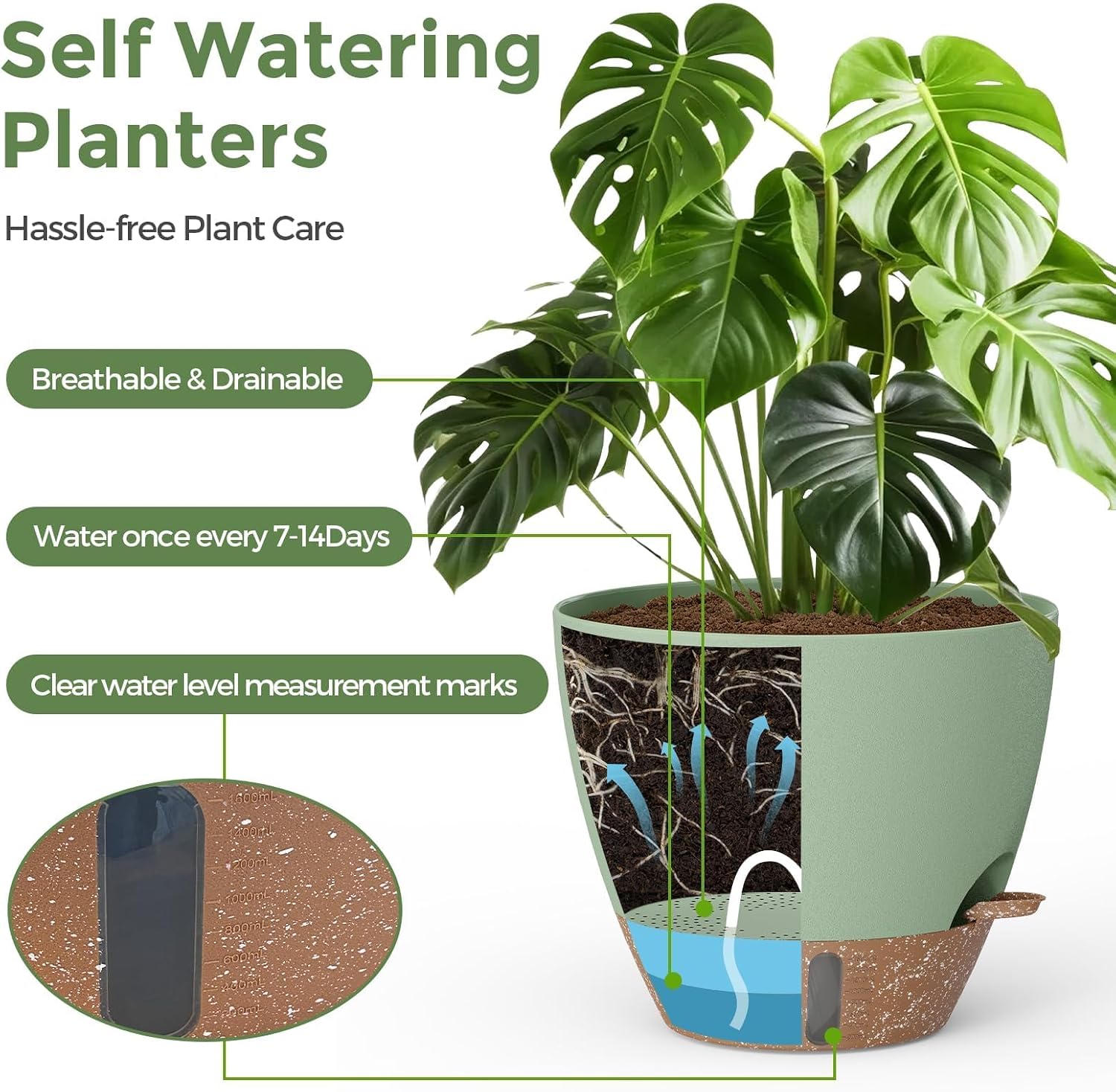 Plant Pots, 12" 10" 6" 8" Inch Self Watering Pots with Water Level Indicator, Set of 5 Flower Pots Indoor with Drainage