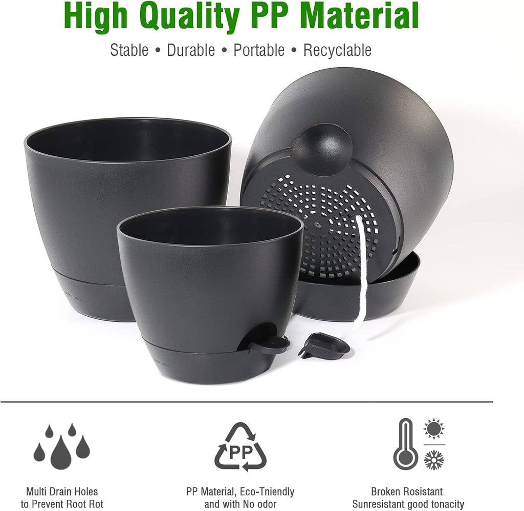 UOUZ Large Self Watering Pots, 12/10/9 Plastic Planters with High Drainage Holes and Deep Reservoir for Indoor Outdoor