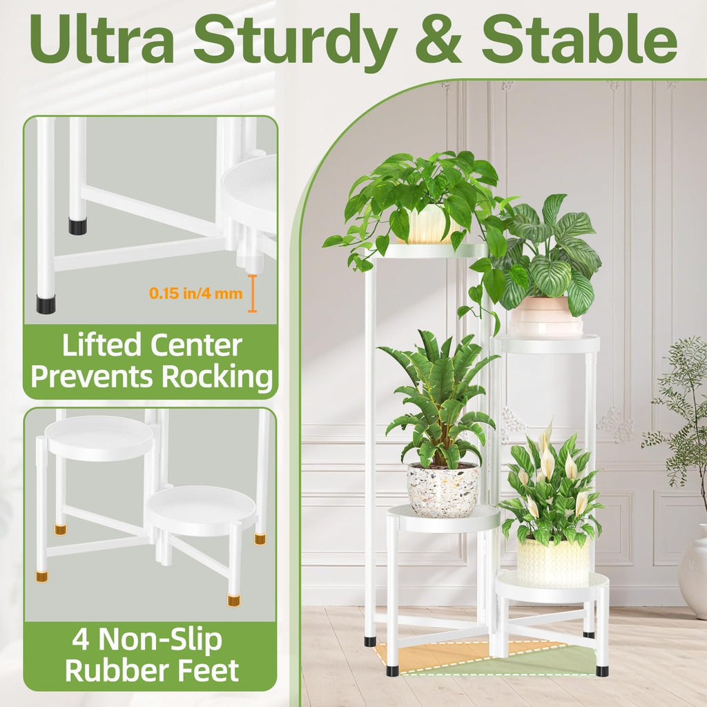 iDavosic.ly Plant Stand Indoor Outdoor, 4 Tier Metal Corner Shelf, White | Tiered Flower Display Holder, Folding Multi