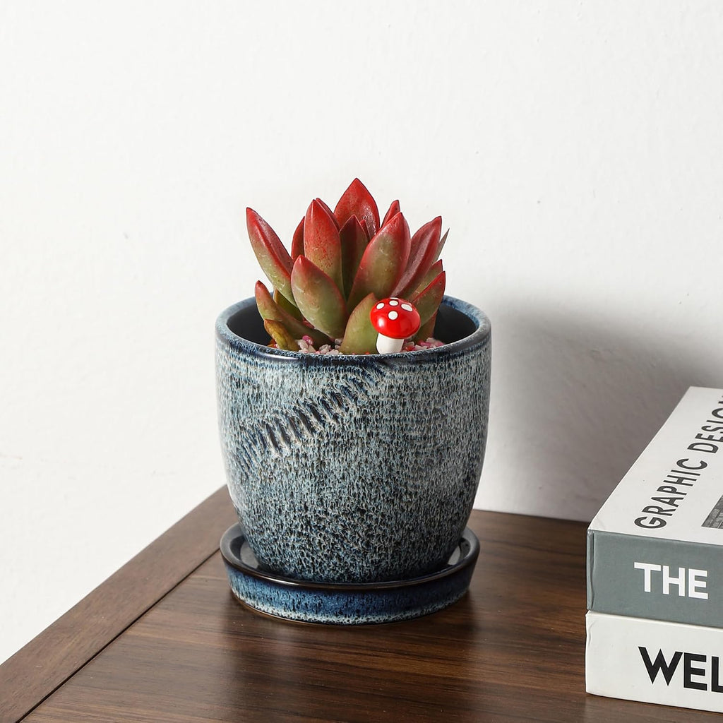 4+6 Inch Ceramic Planter Set of 2 with Drainage Hole and Saucer for Plants, Indoor-Outdoor Large Round Succulent Orchid