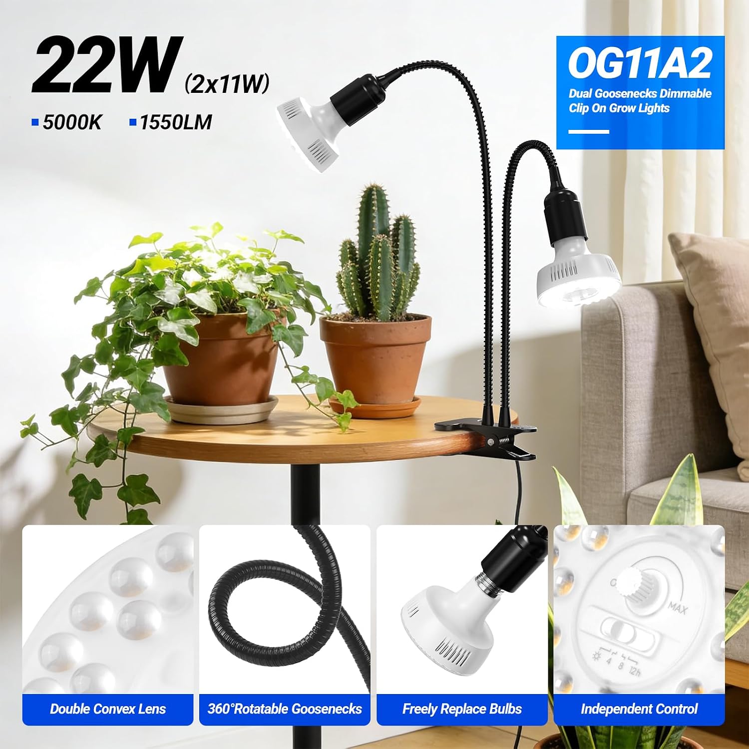 Barrina Orbgrow OG11A2 Clip On Grow Light for Indoor Plants, 5000K 22W | Integrated Stepless Dimming & Timing, Full