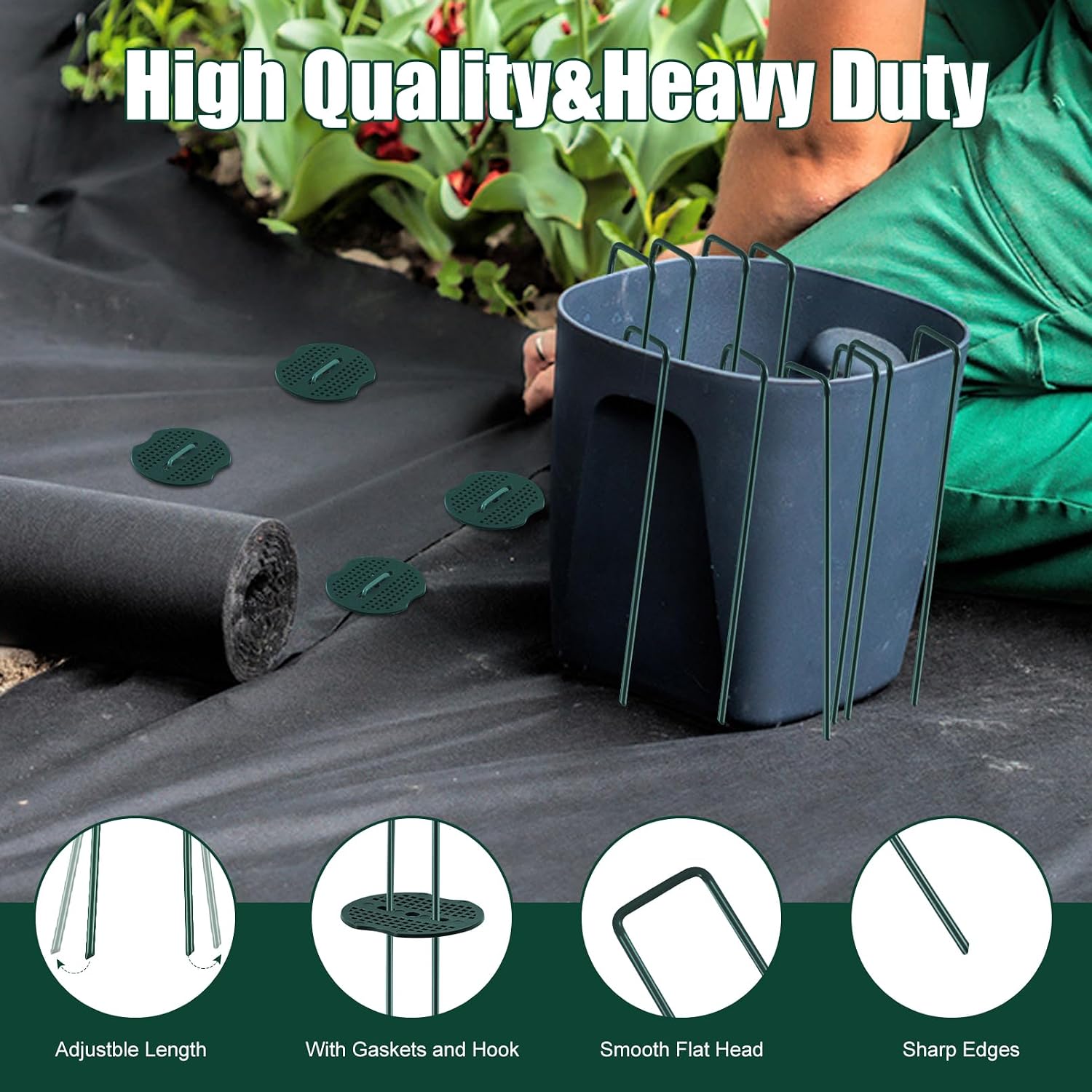 100 Pack Landscape Staples, 6 Inch, 11 Gauge | Garden Staples with Buffer Washer, Galvanized Steel, Pick Hook Garden