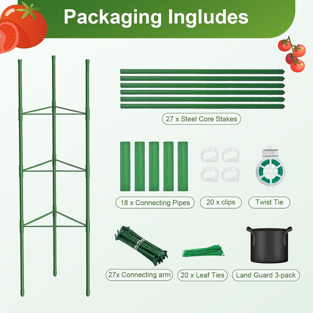 3 Pack Tomato Cage with 10 Gallon Grow Bags, 48" Height Adjustable Tomato Trellis with 65Ft Twist Tie, Heavy Duty