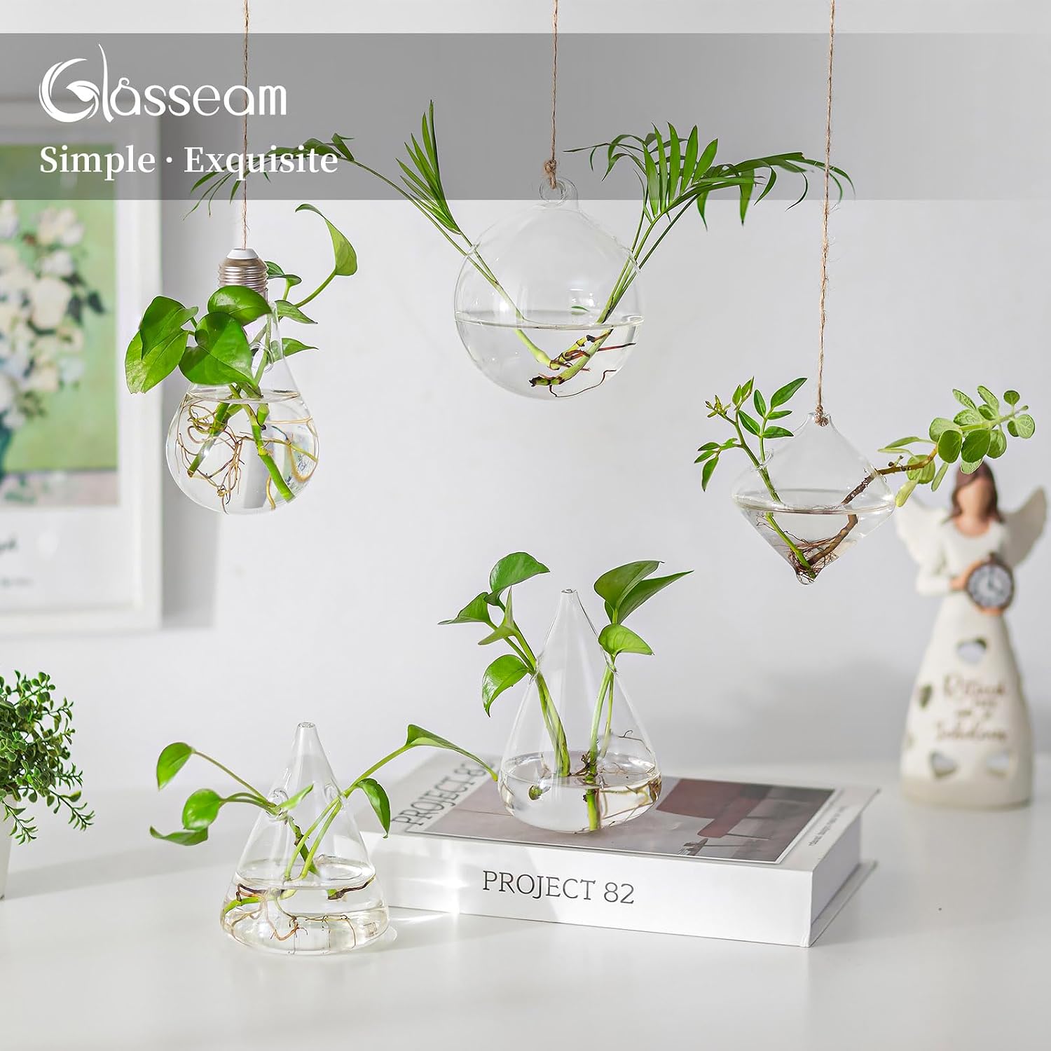 Glasseam Hanging Plant Propagation Station: 5Pcs Small Glass Terrarium Jars | Hydroponic Planters for Indoor Pothos