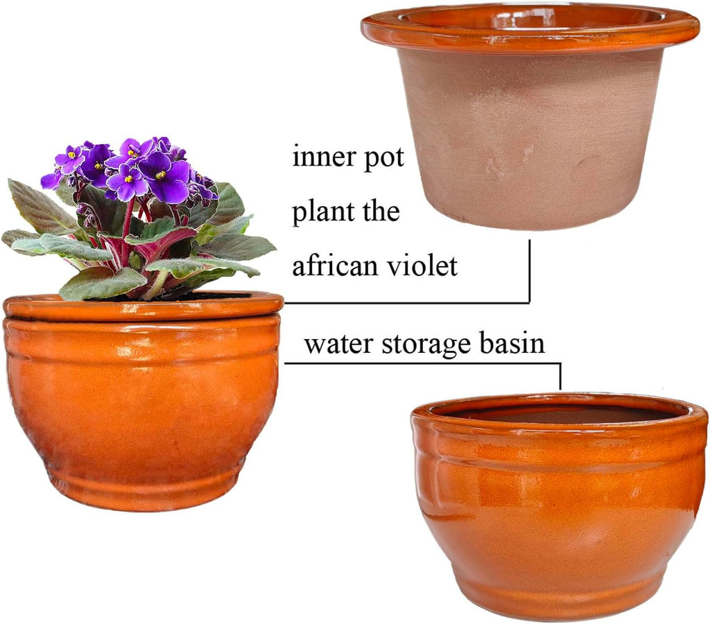 African Violet Pots Self Watering Round Ceramic Violet Pot (Orange, 6 inch)