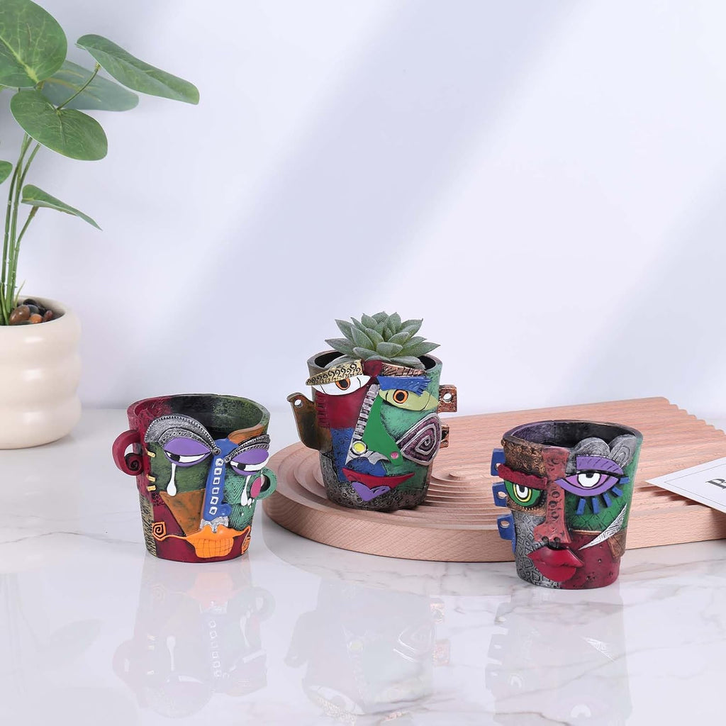 Mini Face Planters 3PC Set – Unique Resin Art Flower Pots for Succulents, Cacti & Small Plants – Decorative Funny Plant