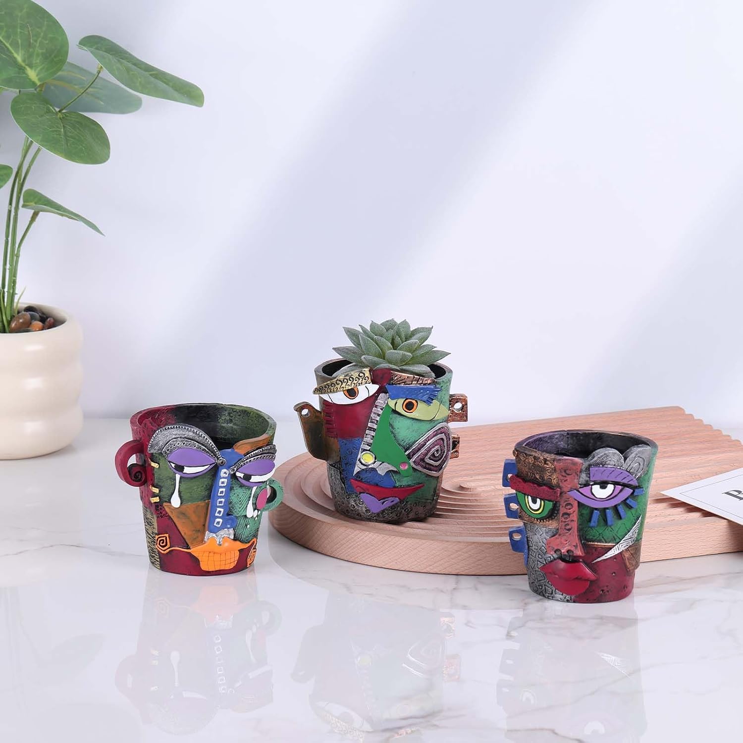 Mini Face Planters 3PC Set – Unique Resin Art Flower Pots for Succulents, Cacti & Small Plants – Decorative Funny Plant