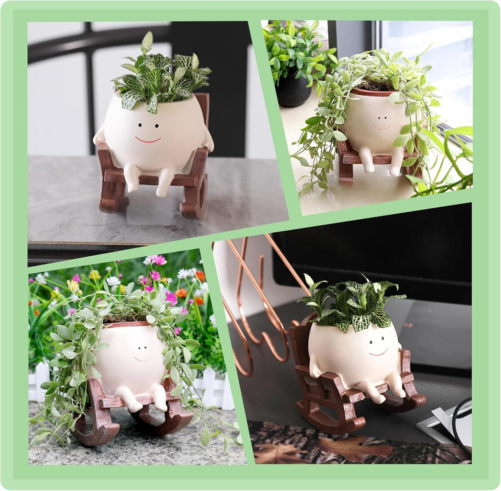 Camotank Smiley Face Rocking Chair Planters Flower Pots for Plants Funny Succulents Plant Live Cute Resin Head Planter