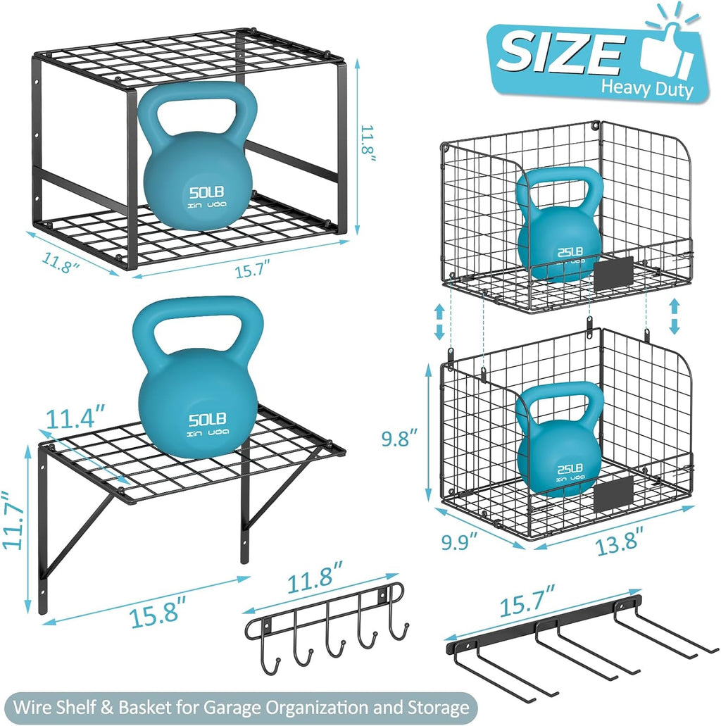 ThreeHio Garage Shelf Wall Mounted with Wire Baskets, Heavy Duty Garage Wall Shelving with Garden Tool Rack and Hooks
