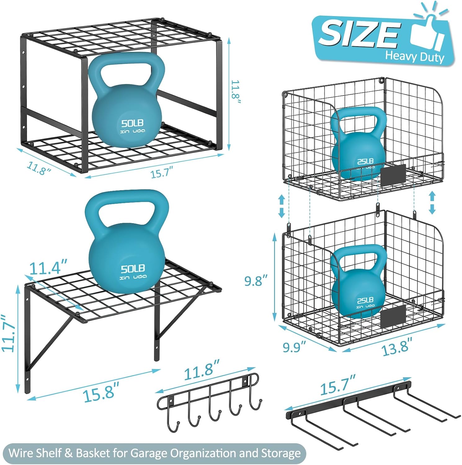 ThreeHio Garage Shelf Wall Mounted with Wire Baskets, Heavy Duty Garage Wall Shelving with Garden Tool Rack and Hooks