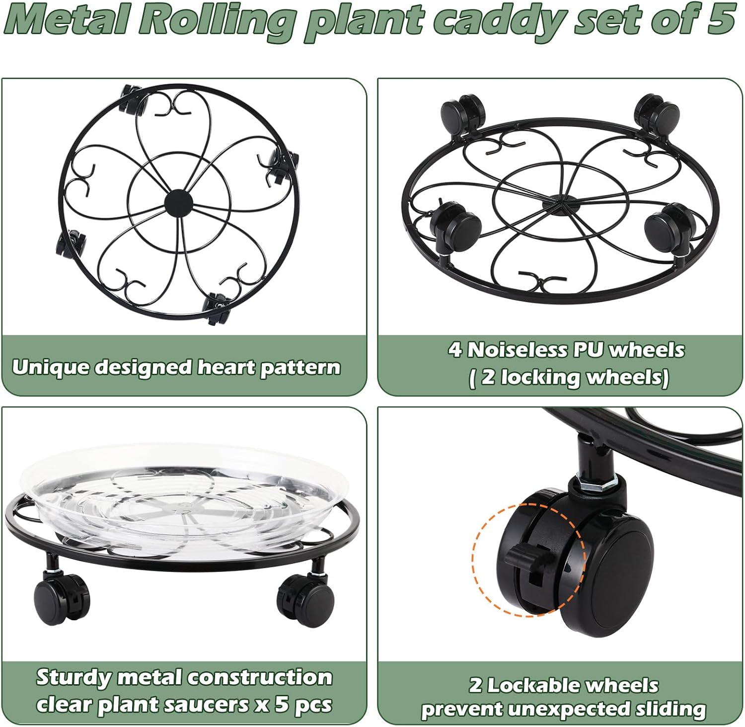 5 Packs 13 inches Large Metal Plant Caddy with Wheels Round Planter Dolly Pot Mover Rollers Wrought Iron Rolling Plant