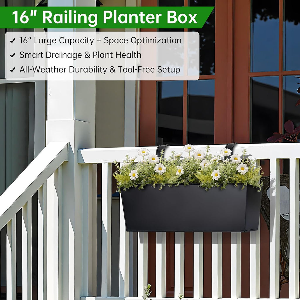 16“ Large Hanging Planters for Outdoor Plants, Railing Planter Box, 3 Pack | Balcony Planters with Detachable Wide