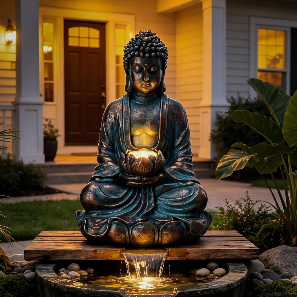 Bshine Buddha Statue Outdoor Solar Light with Lotus Lamp, Zen Garden Decor | Waterproof Buddha Garden Statues with