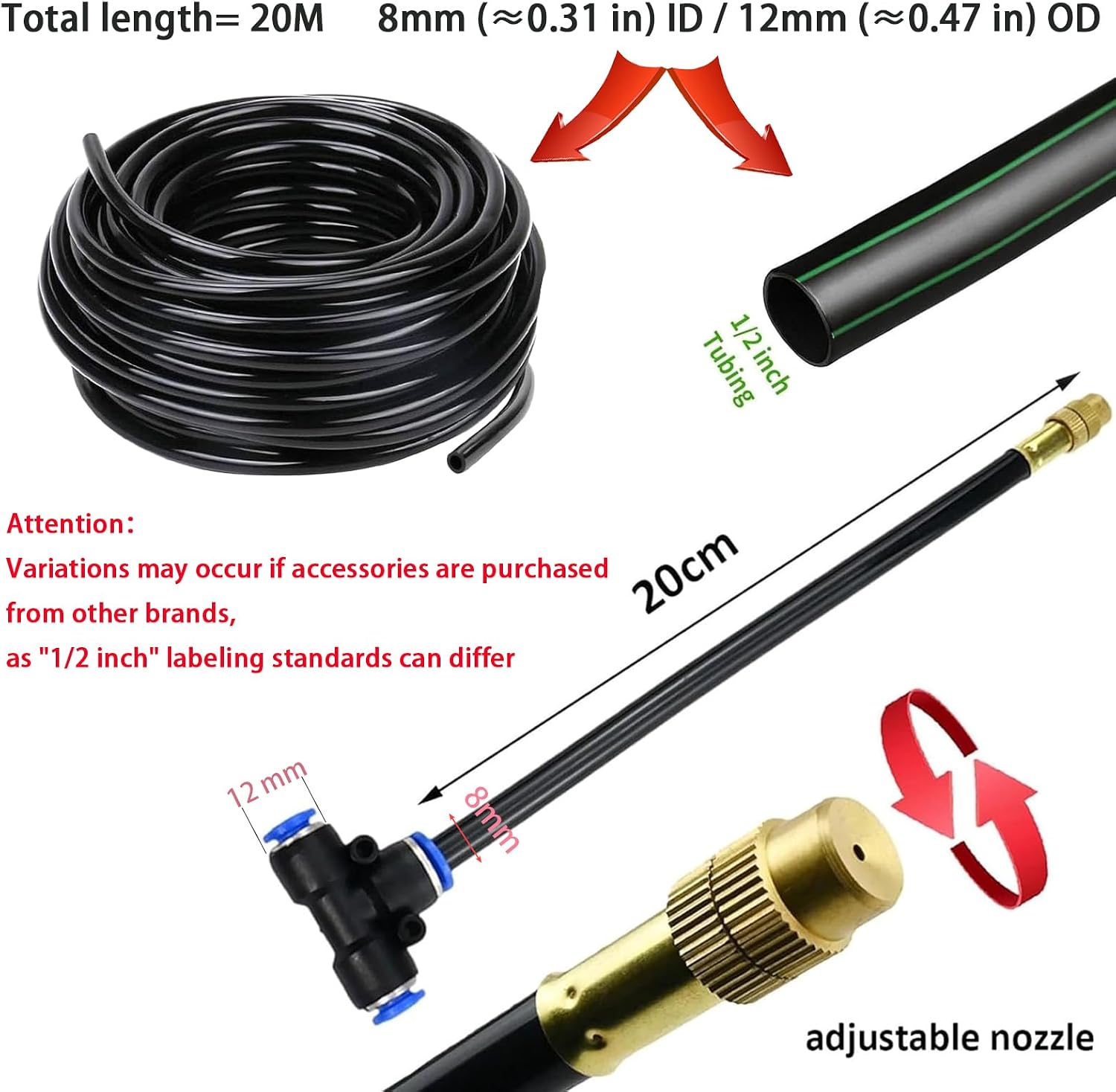 Automatic Greenhouse Drip Irrigation Kit – 20 Brass 360° Adjustable Nozzles, 65FT 1/2" Tubing & Misting System – Easy